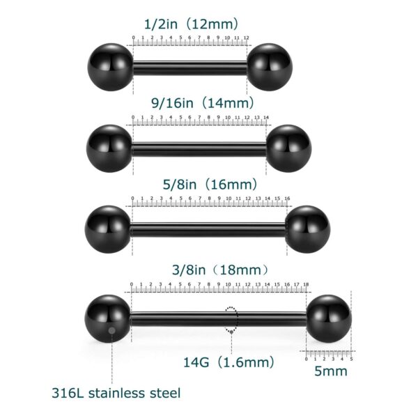 Nipple Rings Tongue Rings Stainless Steel 14G Straight Barbells Piercing Jewelry 12mm,14mm,16mm,18mm - Image 3